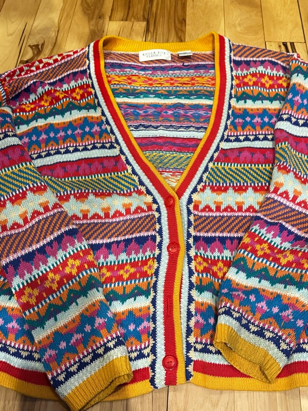 Vintage Bugle Boy Multicolor Fair Isle Cardigan with Yellow Trim